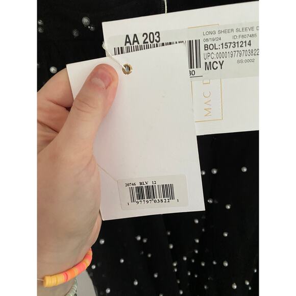 Mac Duggal Black Long Sheer Sleeve Draped Pearl Beaded Gown, Sz 12, NWT - Picture 6 of 8